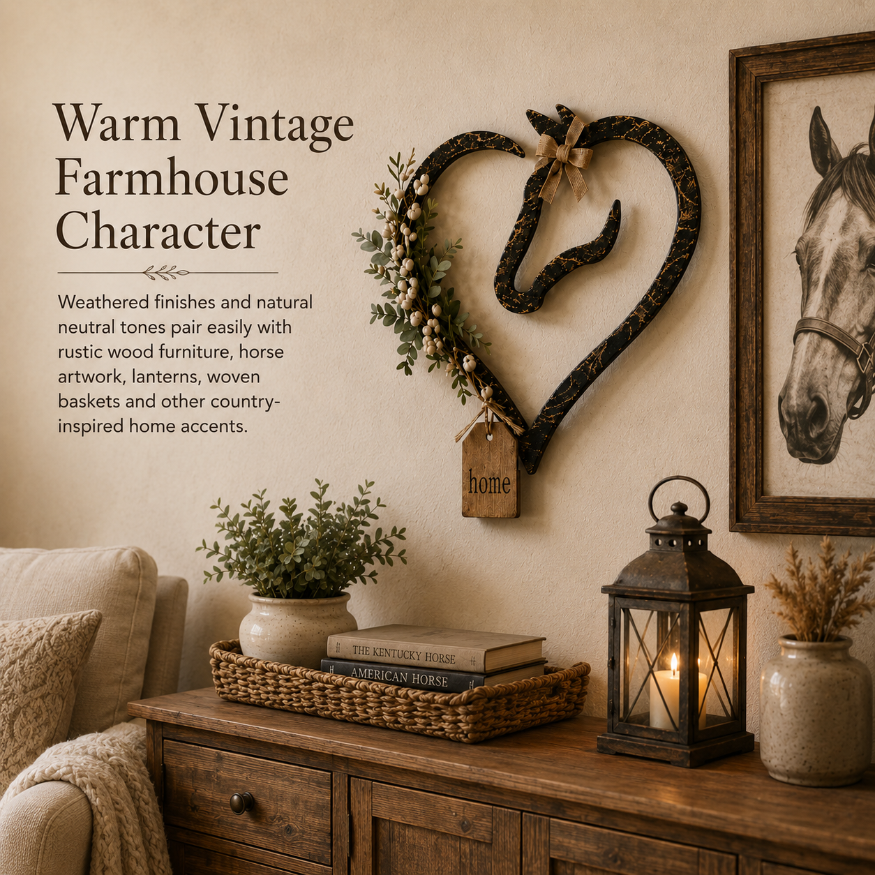 🐴🌿Equestrian Horse Heart Wall Decor with Greenery – Farmhouse Home Accent