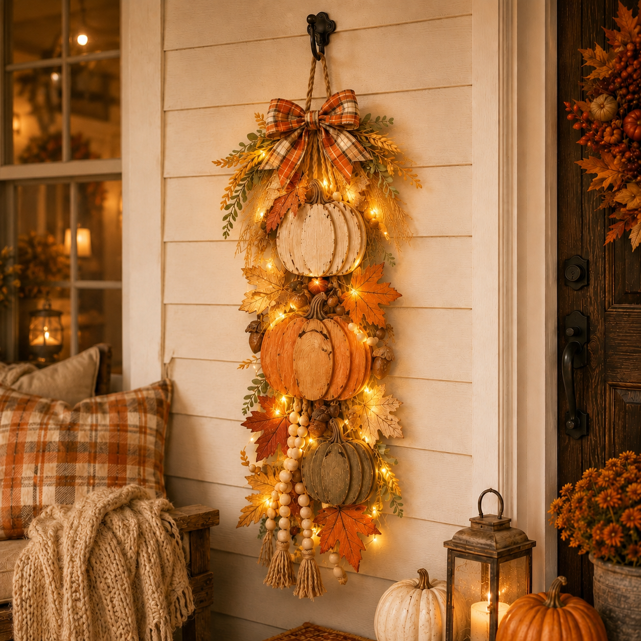 🏡🎃Lighted Wooden Pumpkin Door Hanger – Cozy Farmhouse Fall & Thanksgiving Decor