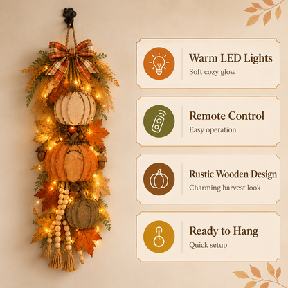 🏡🎃Lighted Wooden Pumpkin Door Hanger – Cozy Farmhouse Fall & Thanksgiving Decor
