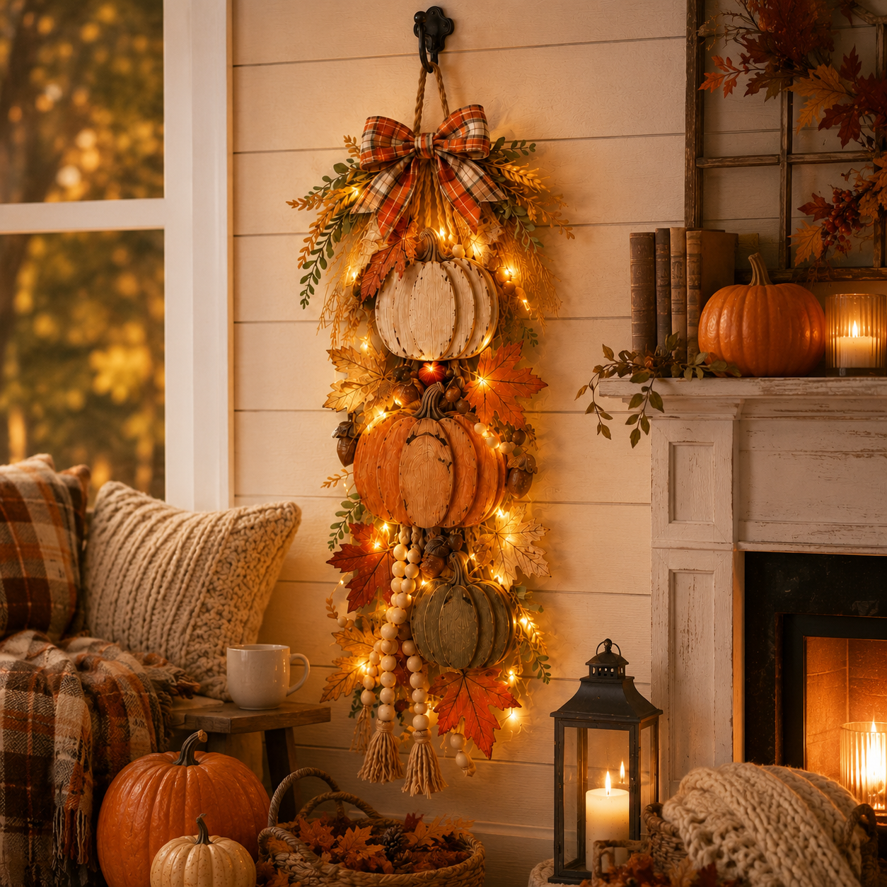 🏡🎃Lighted Wooden Pumpkin Door Hanger – Cozy Farmhouse Fall & Thanksgiving Decor