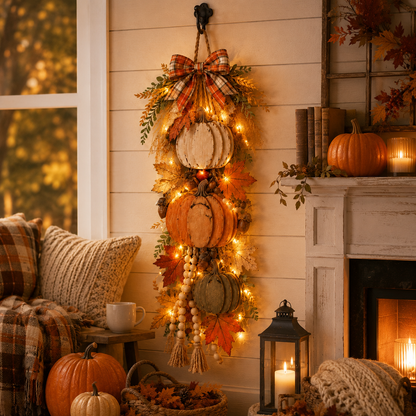 🏡🎃Lighted Wooden Pumpkin Door Hanger – Cozy Farmhouse Fall & Thanksgiving Decor