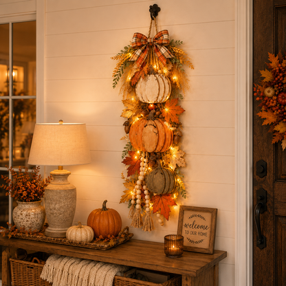 🏡🎃Lighted Wooden Pumpkin Door Hanger – Cozy Farmhouse Fall & Thanksgiving Decor