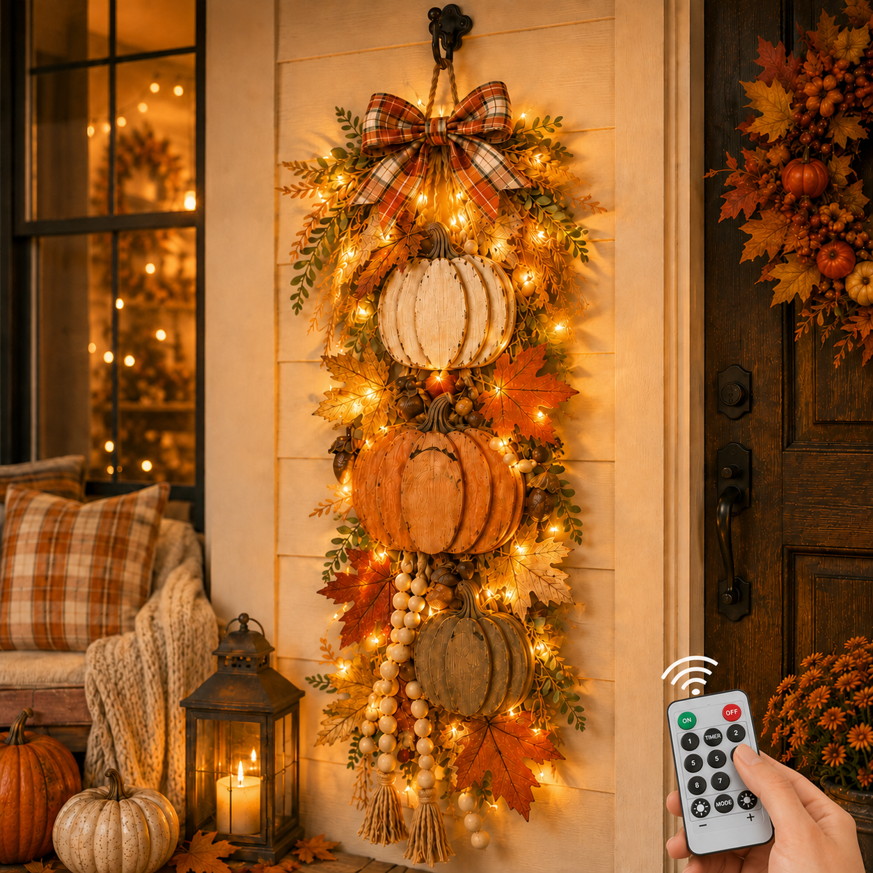 🏡🎃Lighted Wooden Pumpkin Door Hanger – Cozy Farmhouse Fall & Thanksgiving Decor