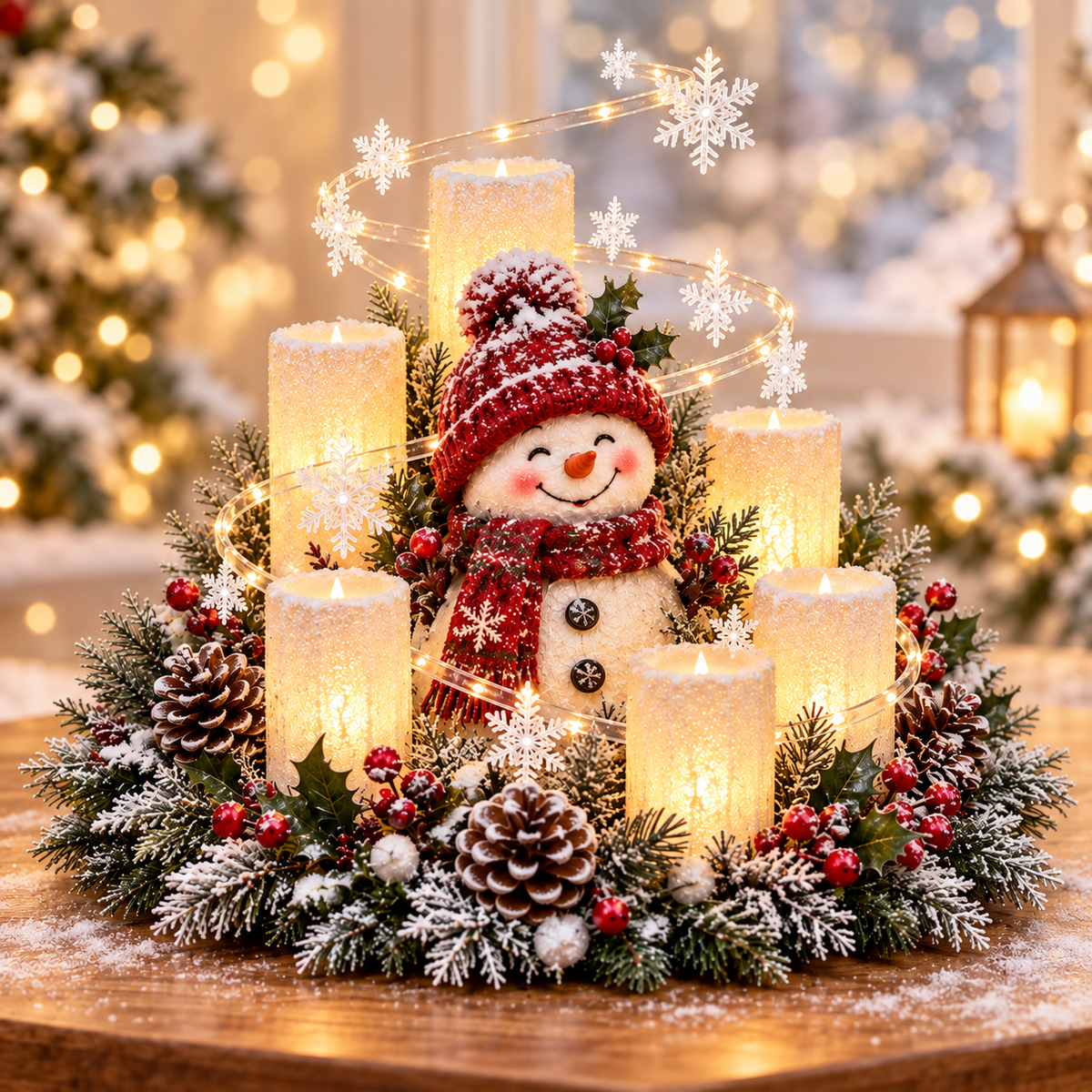 🎄 Leuchtendes Weihnachts-Tischarrangement mit warmer flammenloser Kerzenbeleuchtung ✨🕯️