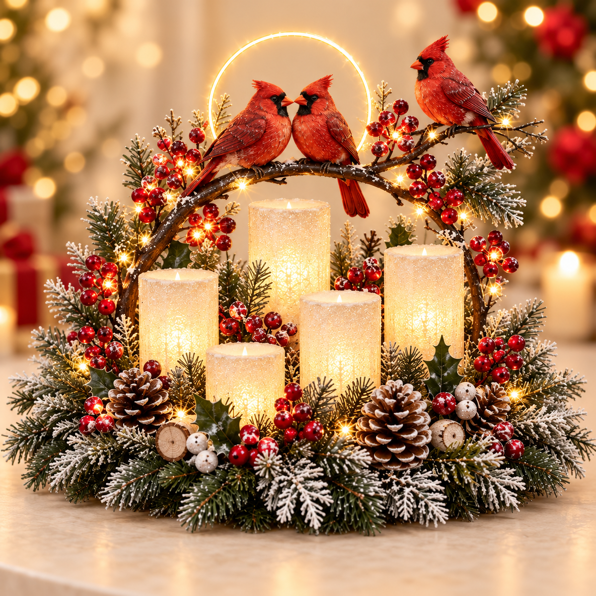 🎄 Leuchtendes Weihnachts-Tischarrangement mit warmer flammenloser Kerzenbeleuchtung ✨🕯️