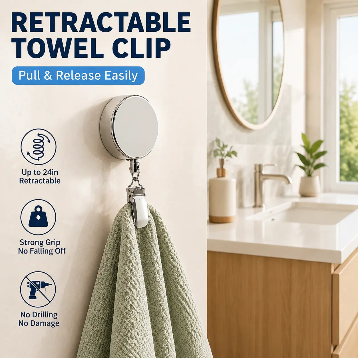 🪝Self-Retracting Towel Holder – No-Drill Wall Hook with Auto-Rewind Cord