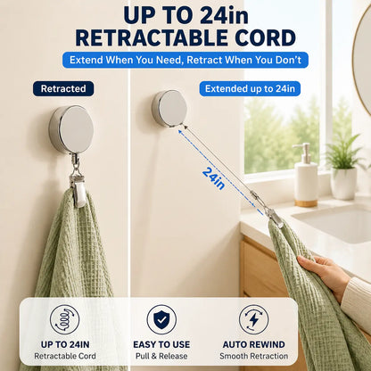 🪝Self-Retracting Towel Holder – No-Drill Wall Hook with Auto-Rewind Cord