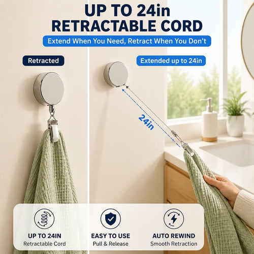 🪝Self-Retracting Towel Holder – No-Drill Wall Hook with Auto-Rewind Cord