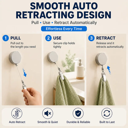 🪝Self-Retracting Towel Holder – No-Drill Wall Hook with Auto-Rewind Cord