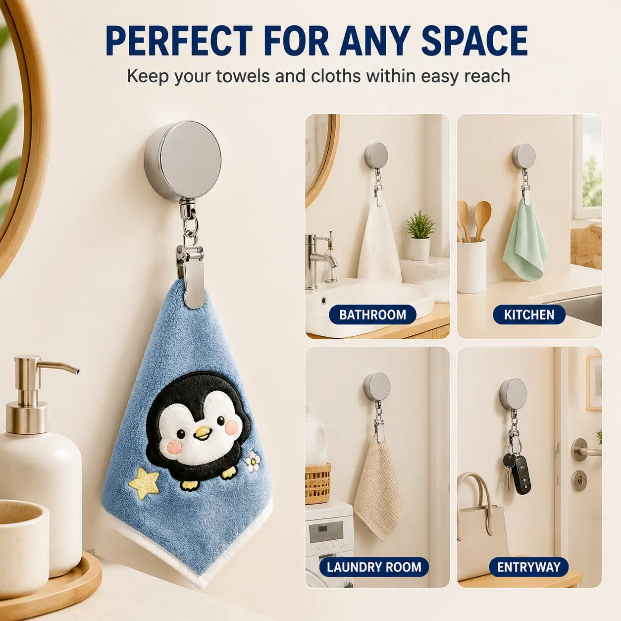🪝Self-Retracting Towel Holder – No-Drill Wall Hook with Auto-Rewind Cord