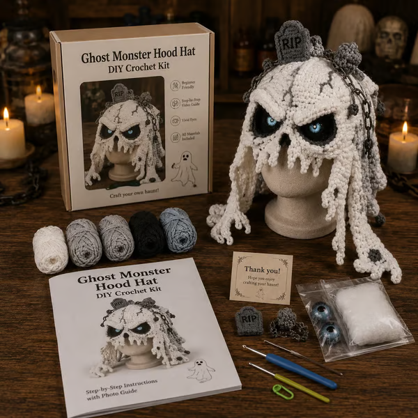 🎃 DIY Halloween Monster Hood Crochet Kit – Soft Yarn Craft Set with Step-by-Step Guide