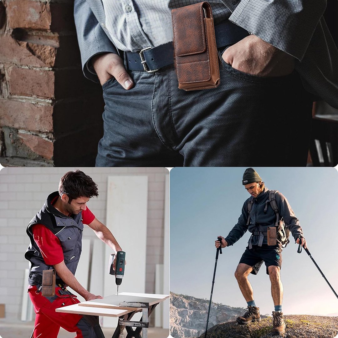 📱 Leather Waist Phone Holster – Multi-Pocket Belt Pouch with Card Holder & Easy Access Design