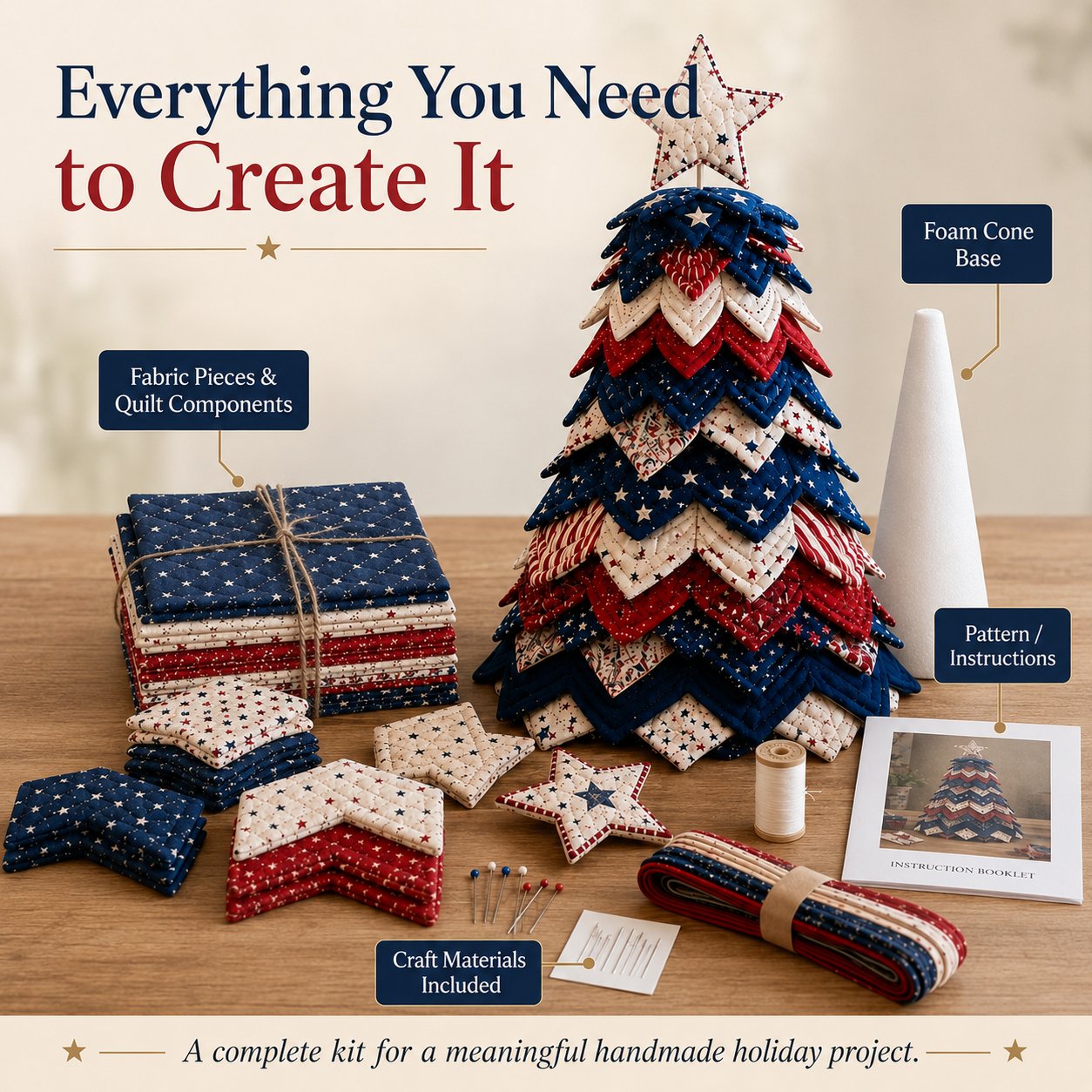🇺🇸 Americana Patchwork Christmas Tree Quilt Kit – Complete DIY Quilting Craft Set