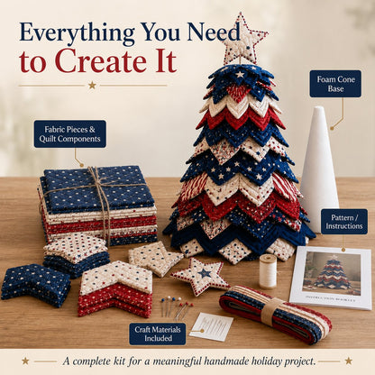 🇺🇸 Americana Patchwork Christmas Tree Quilt Kit – Complete DIY Quilting Craft Set