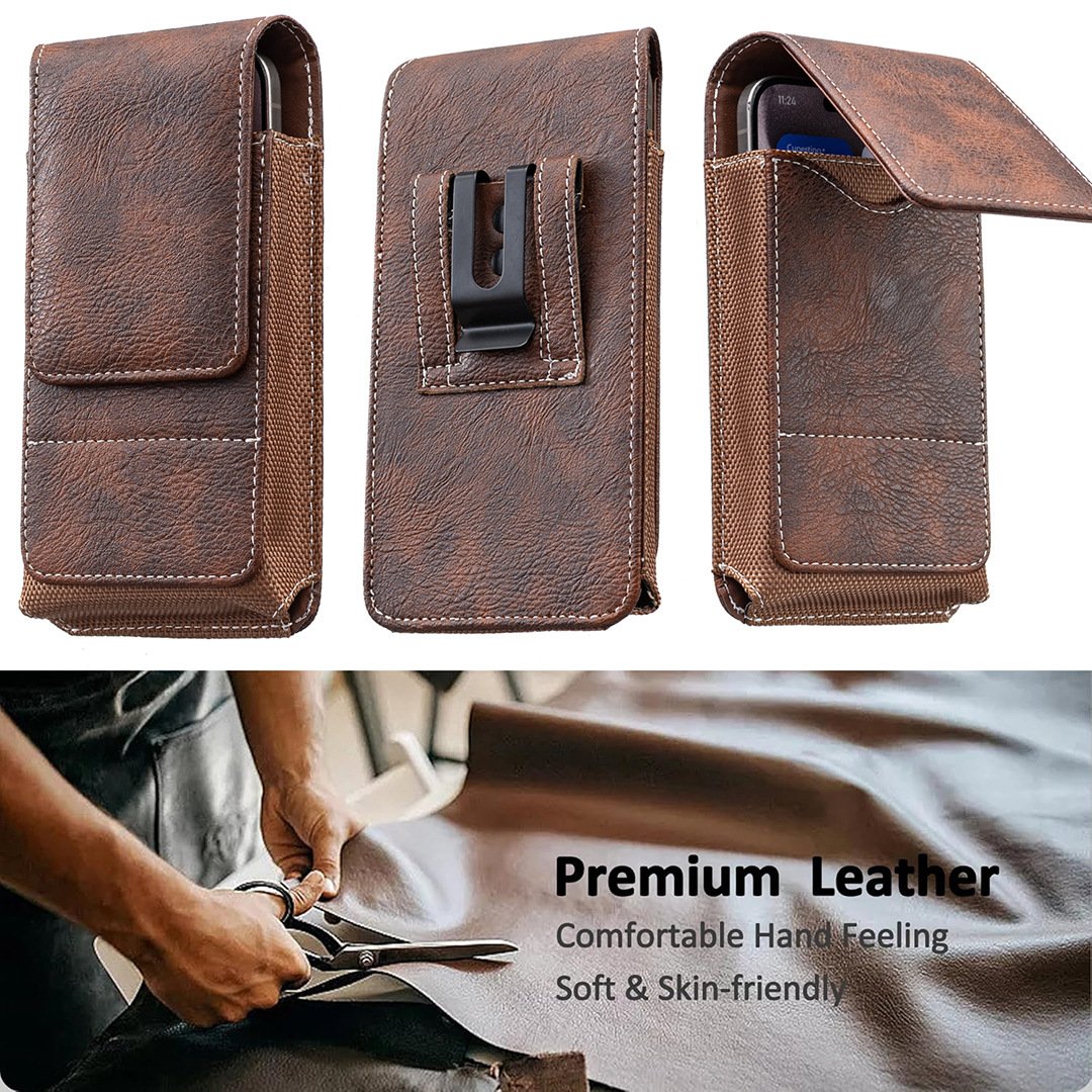 📱 Leather Waist Phone Holster – Multi-Pocket Belt Pouch with Card Holder & Easy Access Design