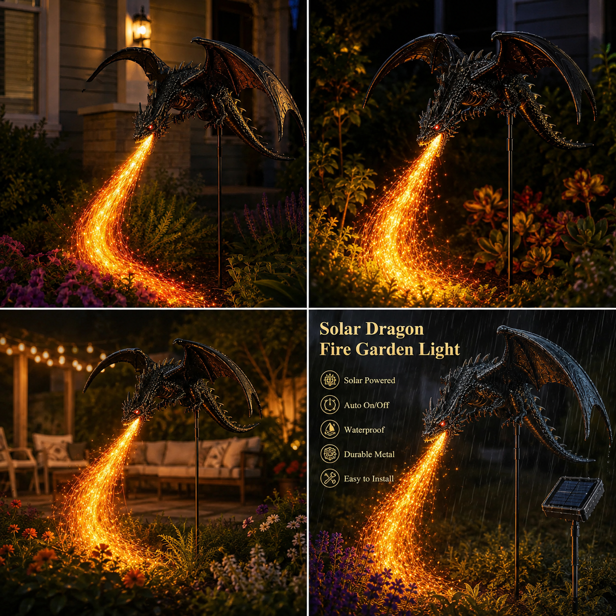 🐉 Dragon Flame Solar Garden Statue – Fire-Breathing Dragon Sculpture with LED Flame Light