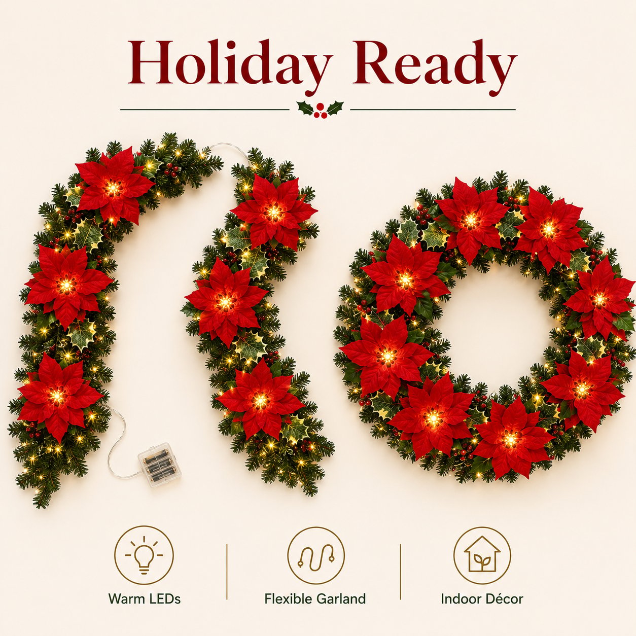 🎁 50% OFF Christmas Gift Decor – Poinsettia LED Garland String Lights