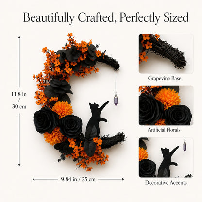🔥Last Day 49% OFF🌙Halloween Gothic Black Cat Moon Floral Handmade Wreath(📦Buy 2 Free Shipping)