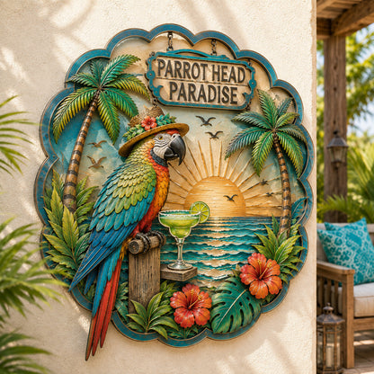 🌴 Parrot Head Paradise Tropical Metal Wall Art – Colorful 3D Coastal Hanging Decor
