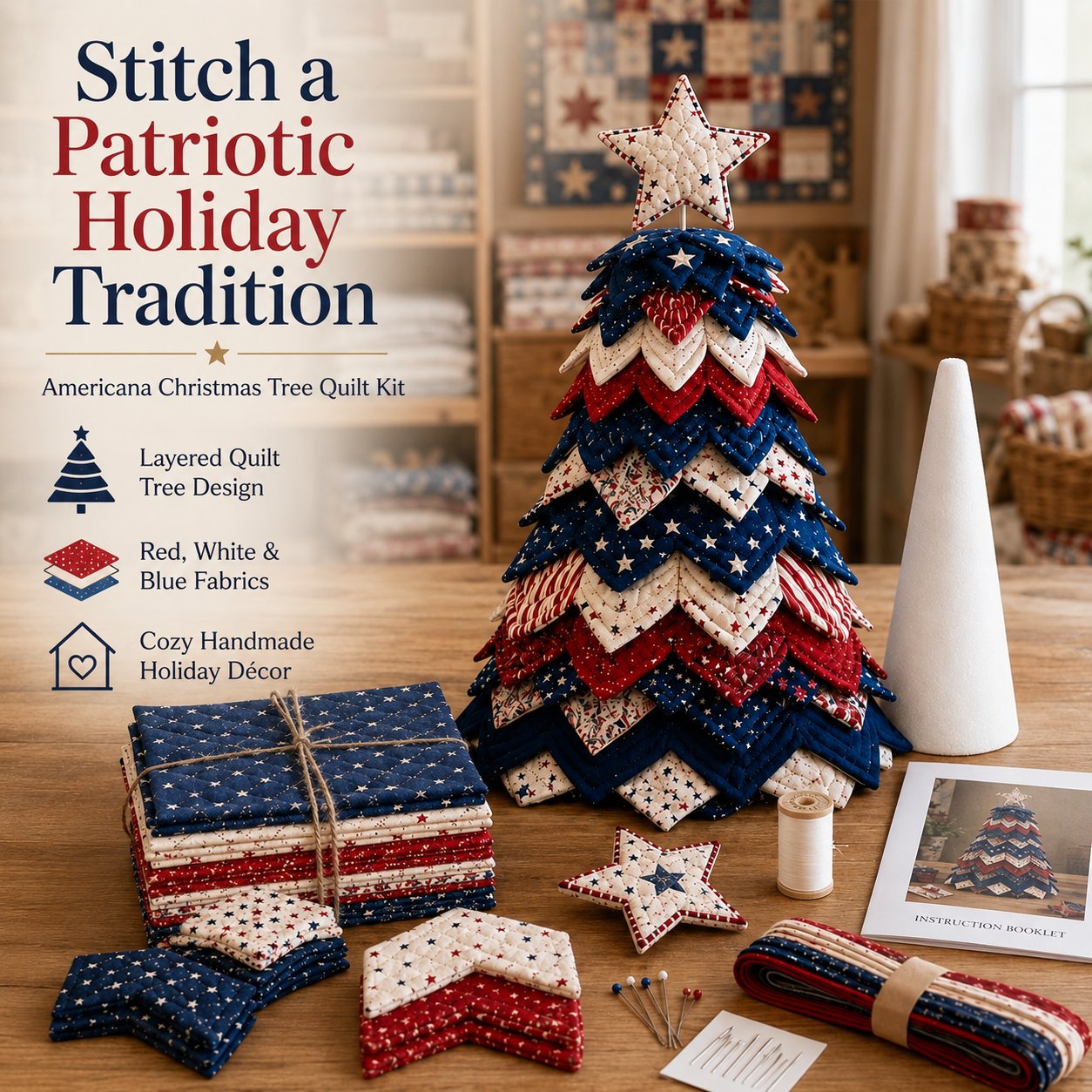 🇺🇸 Americana Patchwork Christmas Tree Quilt Kit – Complete DIY Quilting Craft Set