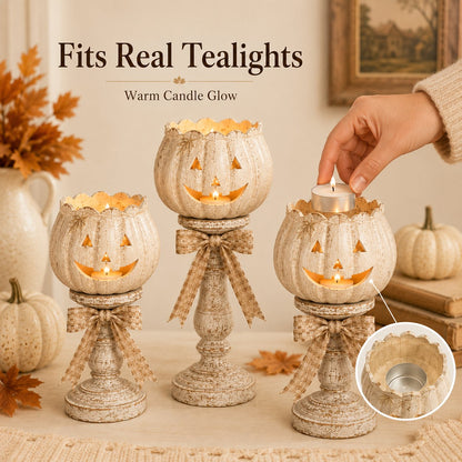 🎃 Rustic Distressed White Pumpkin Tealight Holder for Fall & Thanksgiving Decor 🍂