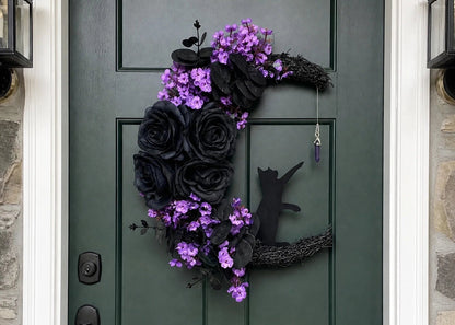 🔥Last Day 49% OFF🌙Halloween Gothic Black Cat Moon Floral Handmade Wreath(📦Buy 2 Free Shipping)