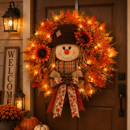 🍂Rustic Lighted Scarecrow Fall Wreath for Front Door & Autumn Decor 🌻