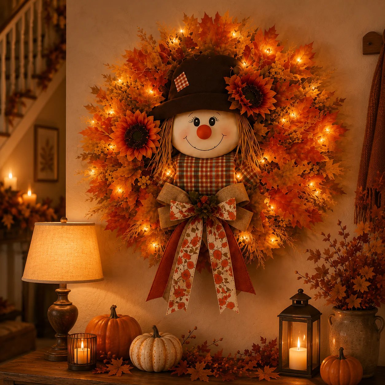 🍂Rustic Lighted Scarecrow Fall Wreath for Front Door & Autumn Decor 🌻