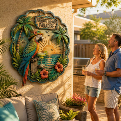 🌴 Parrot Head Paradise Tropical Metal Wall Art – Colorful 3D Coastal Hanging Decor