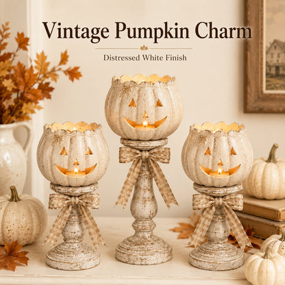 🎃 Rustic Distressed White Pumpkin Tealight Holder for Fall & Thanksgiving Decor 🍂