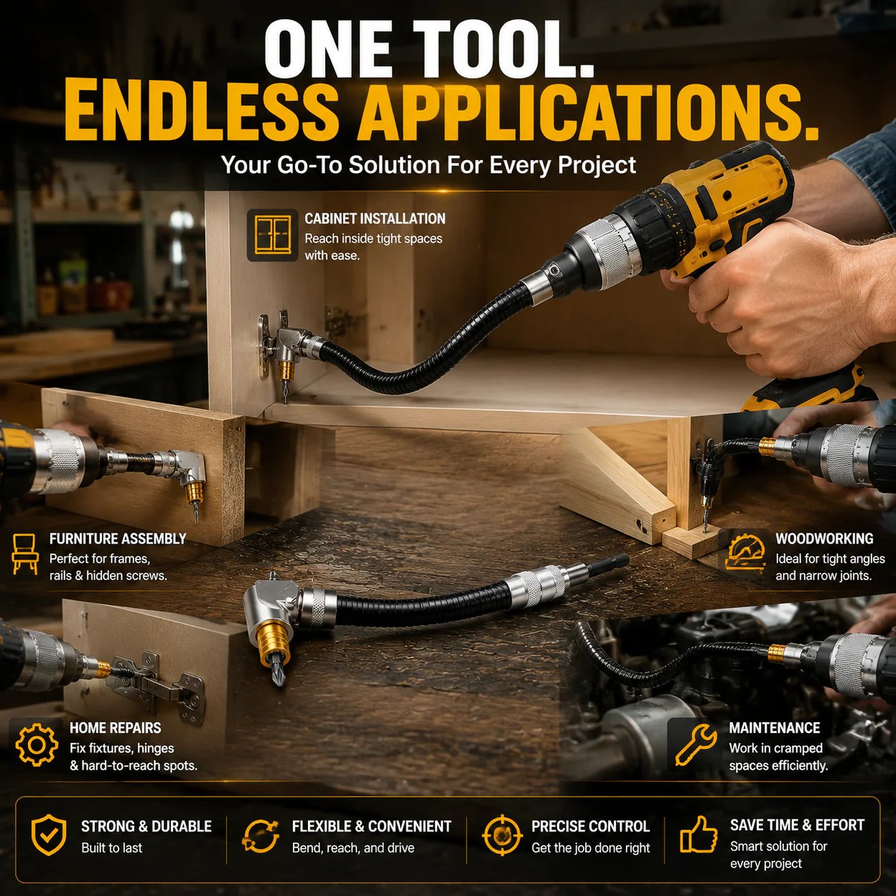 🔧 90° Right Angle Drill Attachment – Flexible Angle Driver for Tight Spaces
