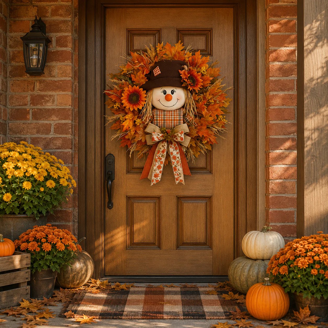 🍂Rustic Lighted Scarecrow Fall Wreath for Front Door & Autumn Decor 🌻