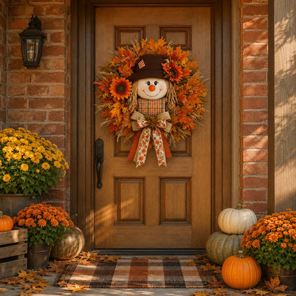 🍂Rustic Lighted Scarecrow Fall Wreath for Front Door & Autumn Decor 🌻