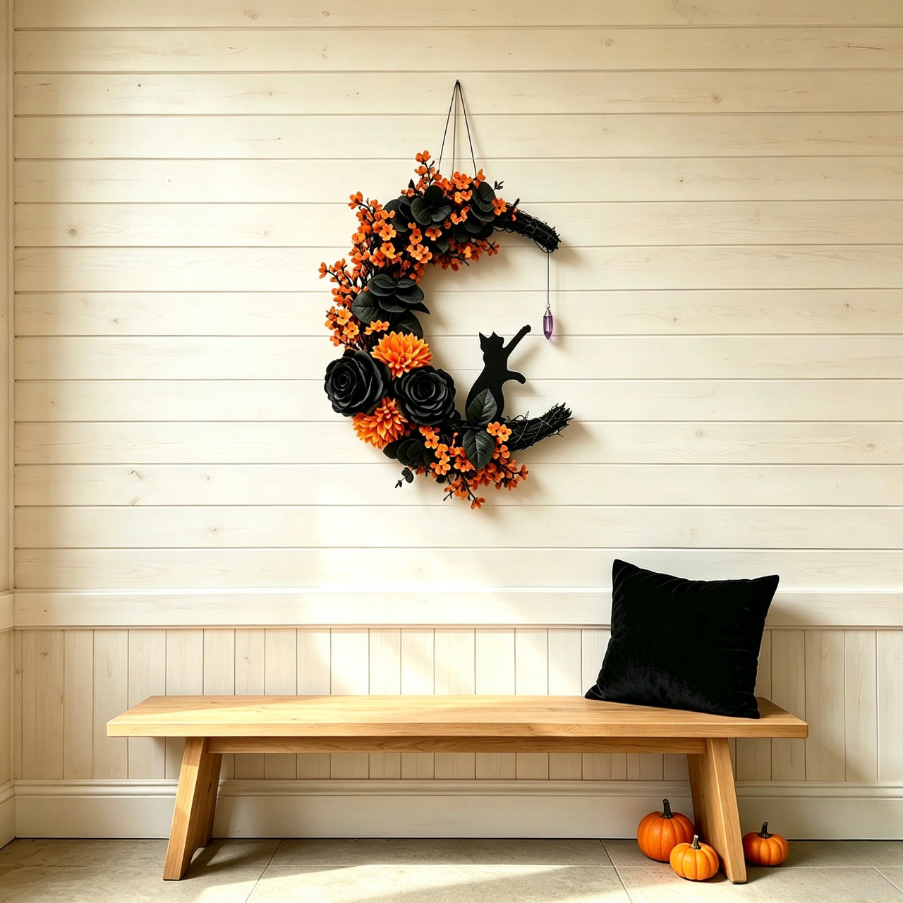 🔥Last Day 49% OFF🌙Halloween Gothic Black Cat Moon Floral Handmade Wreath(📦Buy 2 Free Shipping)
