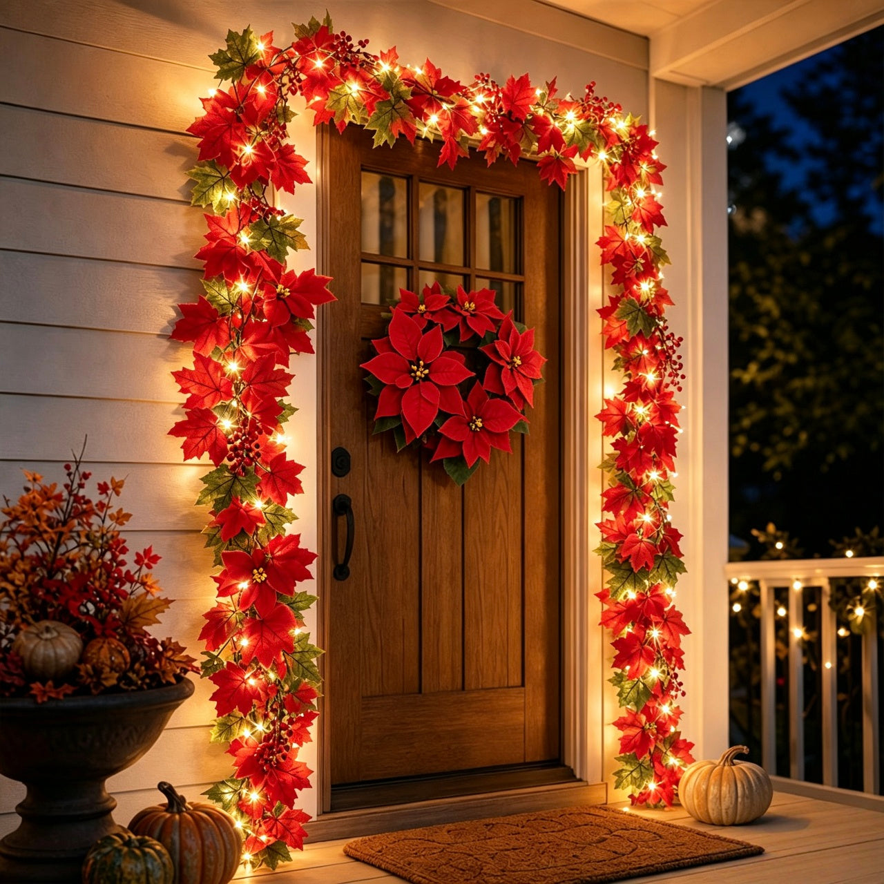 🎄✨ Lighted Red Poinsettia Christmas Garland