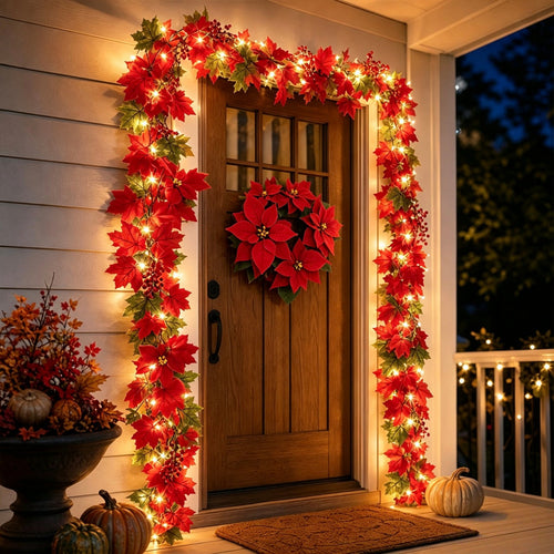 🎄✨ Lighted Red Poinsettia Christmas Garland