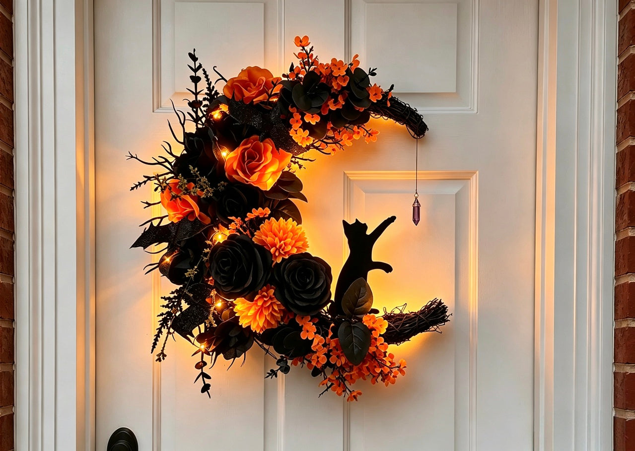 🔥Last Day 49% OFF🌙Halloween Gothic Black Cat Moon Floral Handmade Wreath(📦Buy 2 Free Shipping)