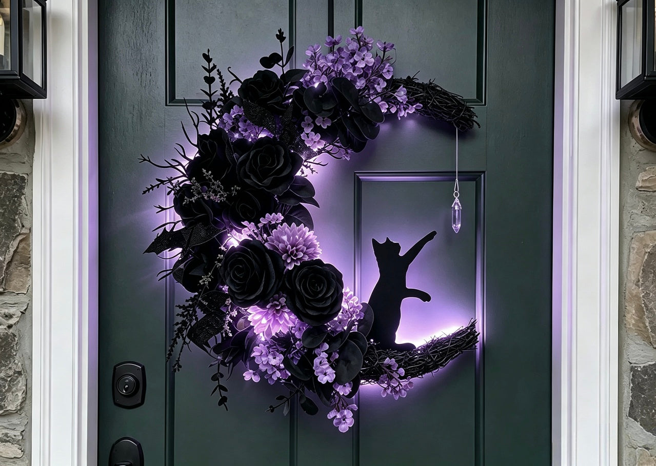 🔥Last Day 49% OFF🌙Halloween Gothic Black Cat Moon Floral Handmade Wreath(📦Buy 2 Free Shipping)