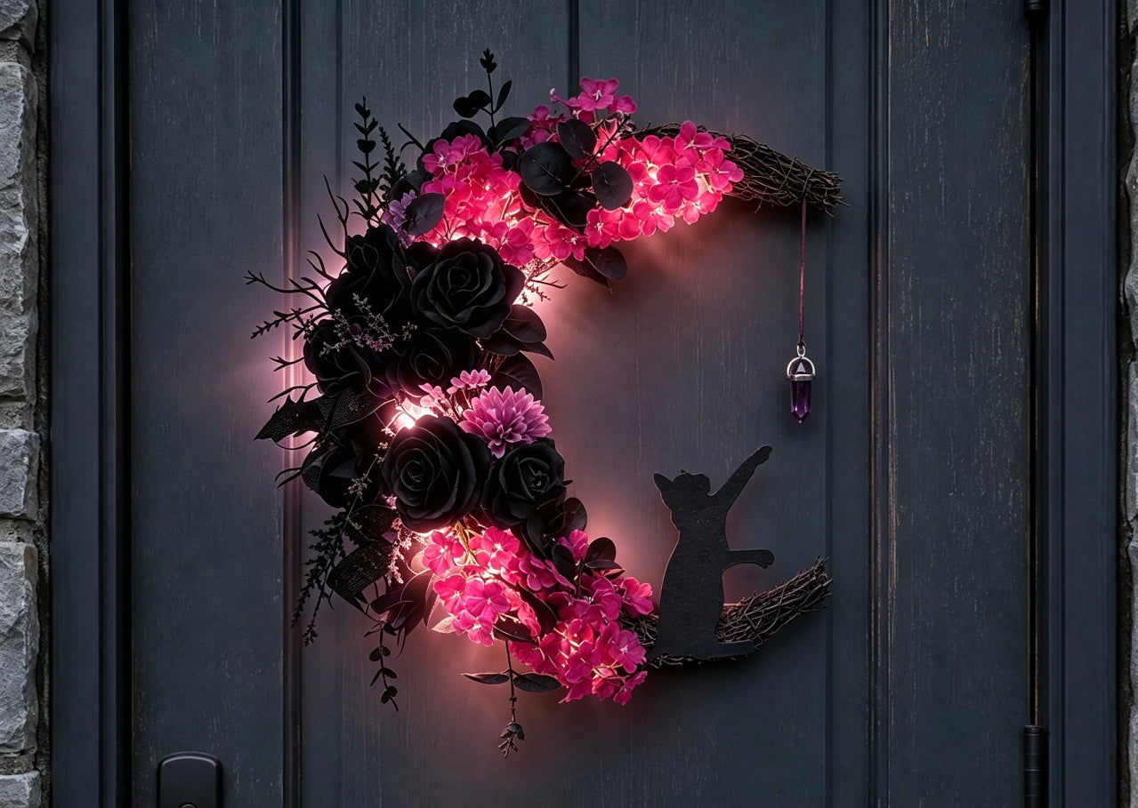 🔥Last Day 49% OFF🌙Halloween Gothic Black Cat Moon Floral Handmade Wreath(📦Buy 2 Free Shipping)