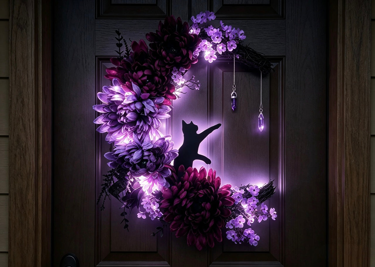 🔥Last Day 49% OFF🌙Halloween Gothic Black Cat Moon Floral Handmade Wreath(📦Buy 2 Free Shipping)