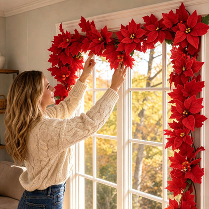 🎄✨ Lighted Red Poinsettia Christmas Garland